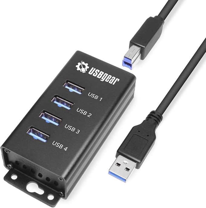 USBGear 4 Port USB Hub 3.2 Gen 1 – Mountable SuperSpeed Data Hub with USB Ports for Laptop, PC, Desktop, and More, 5V/2A Power Adapter with Type-A to Type-B Cable (3ft), Computer Accessories