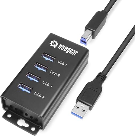 USBGear 4 Port USB Hub 3.2 Gen 1 – Mountable SuperSpeed Data Hub with USB Ports for Laptop, PC, Desktop, and More, 5V/2A Power Adapter with Type-A to Type-B Cable (3ft), Computer Accessories