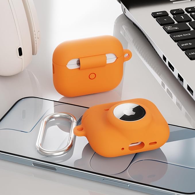 2 in 1 Silicone Case Compatible with AirPods Pro 3 and AirTag 2/1, Shockproof Protective Case Cover for AirPods Pro 3rd Generation 2025 with Cleaner Kit & Carabiner (Orange)