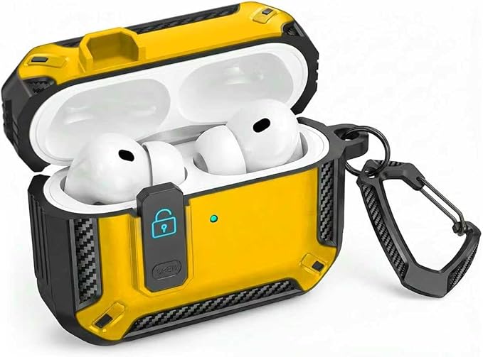 for AirPods 4 Case 2024 with Secure Lock Clip - Military-Grade Drop Protection AirPods 4th Generation Case, Carbon Fiber Shockproof Cover, Automatic Pop-up & Carabiner Hook, Black Yellow