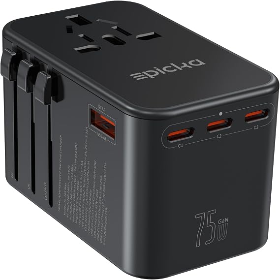 EPICKA 75W GaN PD Universal Travel Adapter, 3USB-C/2USB-A