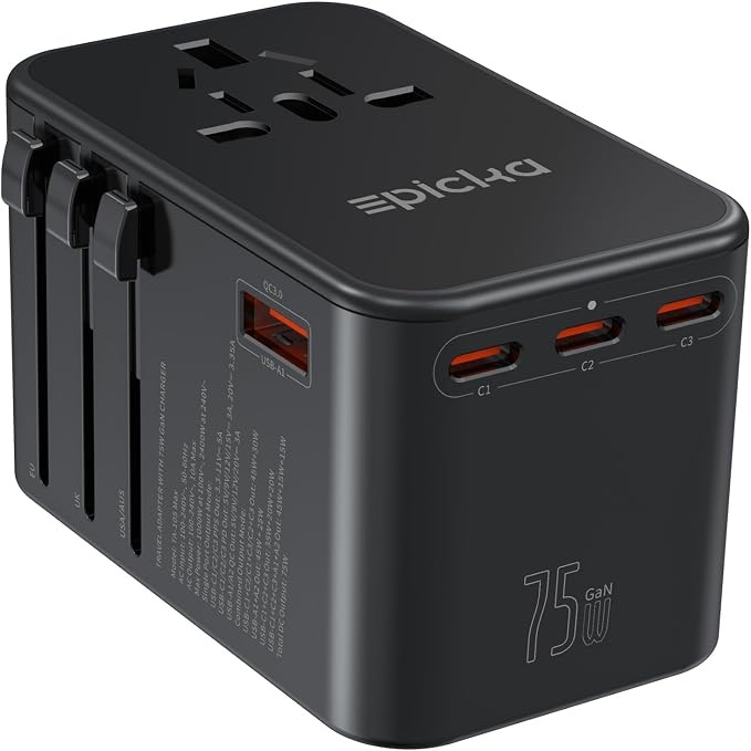 EPICKA 75W GaN PD Universal Travel Adapter, 3USB-C/2USB-A