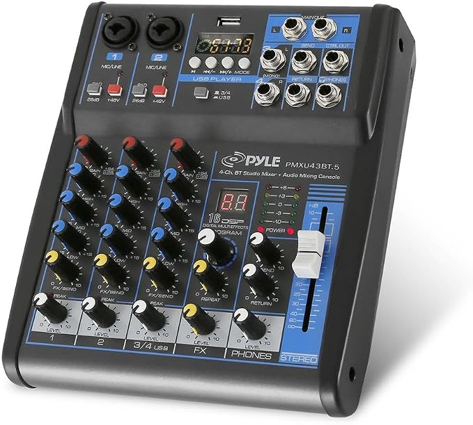 Pyle Professional Audio Mixer Sound Board Console System Interface 4 Channel Digital USB Bluetooth MP3 Computer Input 48V Phantom Power Stereo DJ Studio Streaming FX 16-Bit DSP Processor - PMXU43BT.5