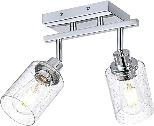 2-Light Chrome Track Lighting Kit Ceiling Kitchen Track Light Fixture with Seeded Glass, Multi-Directional Rotating Track Lighting Heads Spotlight Fixtures for Accent Shop Bathroom Vanity