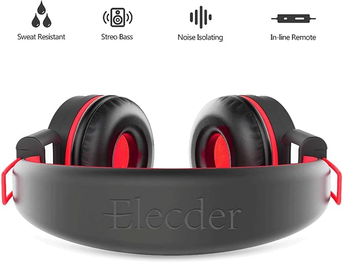 ELECDER i37 Kids Headphones for School Children Girls Boys Teens Foldable Adjustable On Ear Headphones with 3.5mm Jack for Smartphones Chromebook Laptop Computer PC Tablets Travel Black/Red