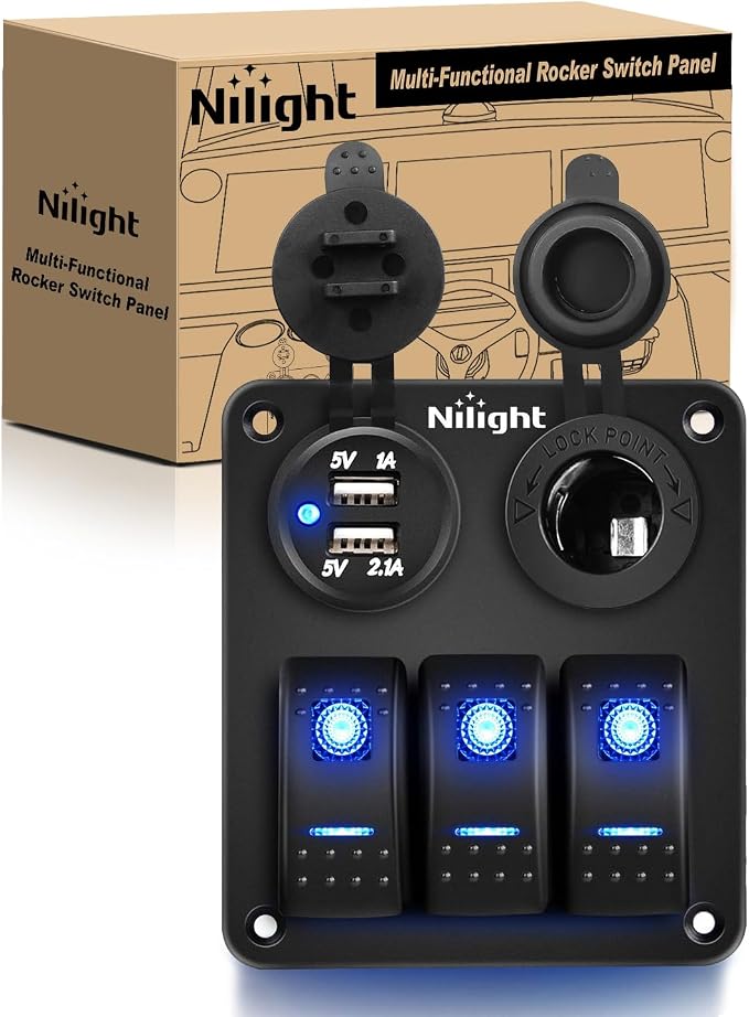 Nilight - 90115C 3 Gang Rocker Switch Panel Waterproof Pre-Wired Aluminum Switch Panel with Dual USB Charger Socket & Cigarette Lighter Socket 12V 24VDC ON Off Switch Panel for Cars Rvs Trucks
