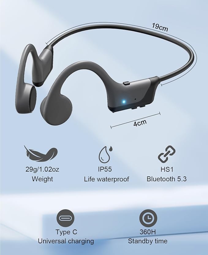 Bone Conduction Headphones,Open-Ear Bluetooth 5.3 Sport Headphones with Mic IP55 Waterproof 8 Hour Playtime & IP55 Wireless Earphones for Running, Workouts, Gym, Hiking, Cycling (Black)