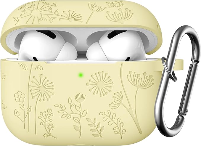 Lerobo for Airpod Pro 2 Case/Airpod Pro Case Cover, Flower Engraved Cute Silicone Skin Full Protective Cover Compatible with Apple Airpods Pro 2nd/1st Generation Case with Keychain, Cream Yellow