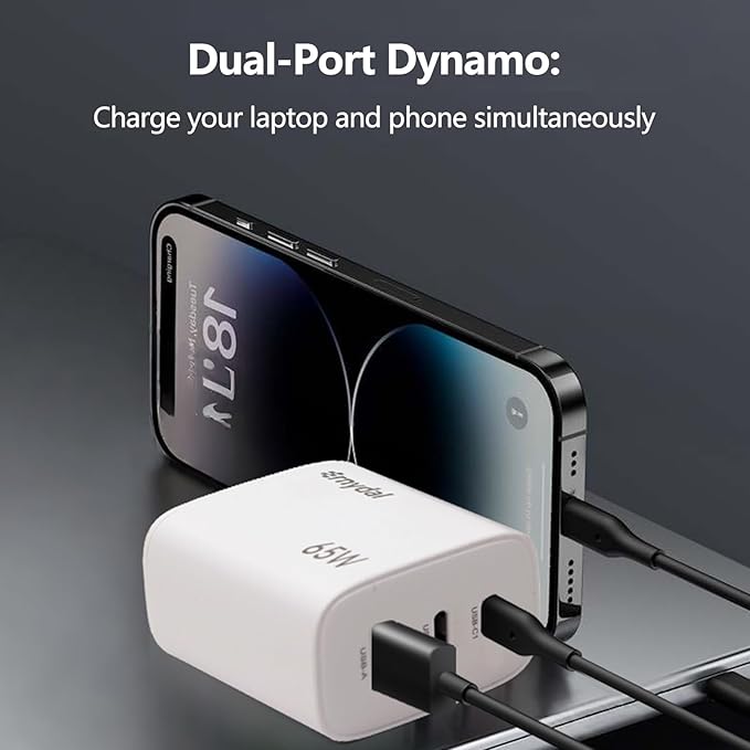 65W GaN USB-C Fast Charger Block with Dual USB-C & USB-A Ports, Compact Power Adapter for MacBook, iPad, iPhone, Galaxy, and More (White)
