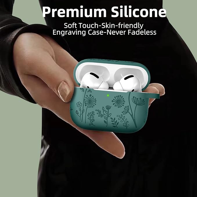 Lerobo for AirPods Pro 2 Case Cover, Flower Engraved Case Compatible with Apple Airpod Pro Case 2nd / 1st Generation, Cute Soft Silicone Protection Cover for Wowen with Keychain Accessories,PineGreen