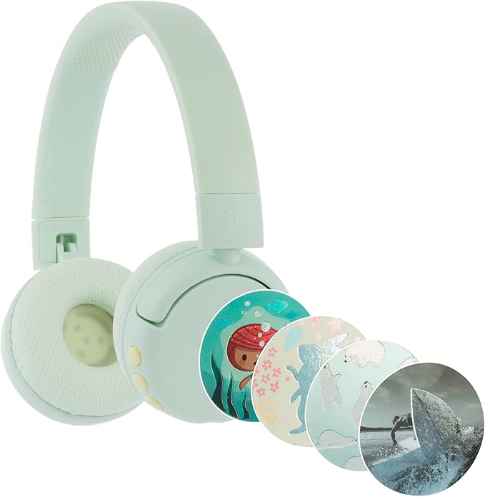 BuddyPhones POP Fun | Foldable Bluetooth Kids Headphones + Microphone, Works Wired or Wireless - SafeAudio Volume Limiting for iPhone/iPad/Tablet/PC and More (Green)