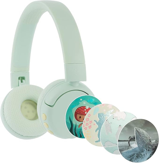 BuddyPhones POP Fun | Foldable Bluetooth Kids Headphones + Microphone, Works Wired or Wireless - SafeAudio Volume Limiting for iPhone/iPad/Tablet/PC and More (Green)