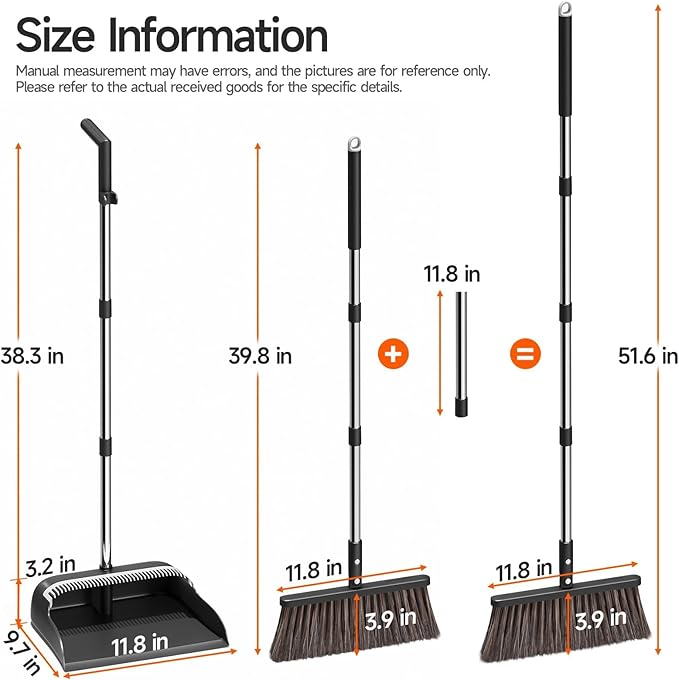 CTIME Broom and Dustpan Set, Extra Brush Head & 51.6" Adjustable Long Handle Standing Dustpan Set, with Dust Pan Teeth to Clean Pet Hair, Easy Sweeping Suitable for Home Kitchen Office Lobby