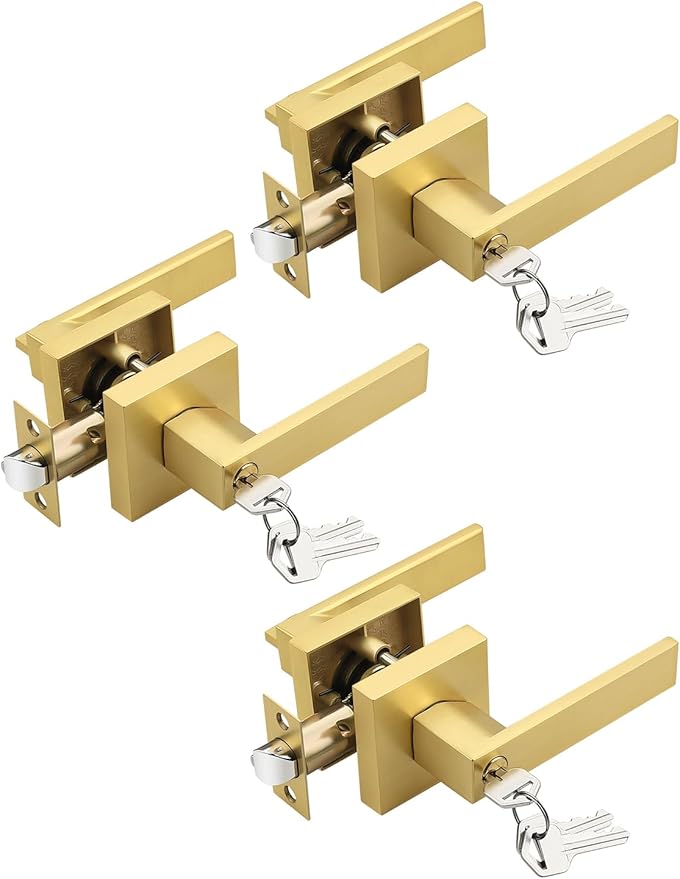 3 Pack Brushed Gold Entry Door Levers with Lock and Key, Satin Brass Entrance Door Handles, for Exterior or Interior Doors, Bedroom, Office, Hotel (Each with 3 Keys)