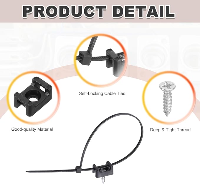 MECCANIXITY 100pcs 0.58" Cable Tie Saddle Type Mounts Base with 8" Cable Zip Ties and M3 Tapping Screws, Wire Organizer Holder Clamps Set, Black