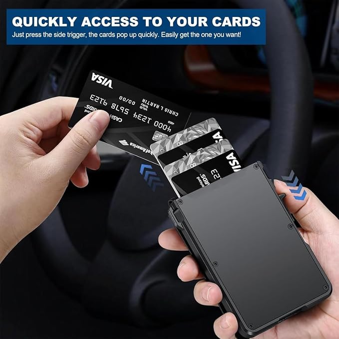 Slim Wallet for Men,Pop Up Wallet with Money Clip,holds 12 Cards,Metal Aluminum & Leather Credit Card Holder Bifold Wallet with ID Window,RFID Blocking Smart Wallet for Men,Men's Accessories