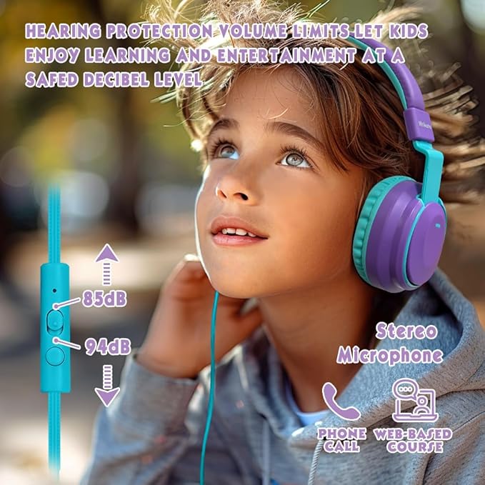 Headphone Kids Volume Limited 85/94dB Wired Over-Ear/On-Earr Foldable Headset with Inline Cable Aux 3.5mm Cord Mic for Toddler Boy Girl Child Back to School Study Pad Tablet Blue
