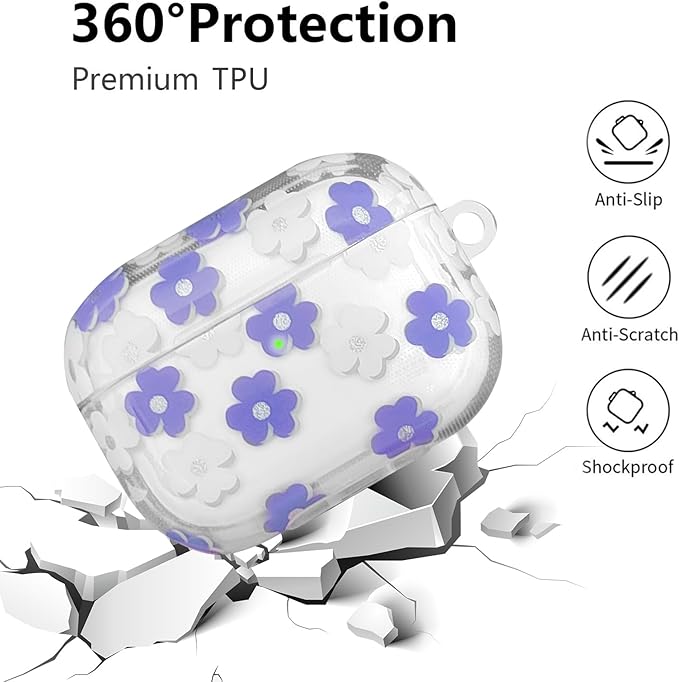 Compatible with AirPods Pro 2 Case Cover 2022, Soft TPU with Cute Flower Pattern for AirPods Pro 2nd/1st Generation Case with Flower Keychain and Carabiner for Girls Women (Purple)