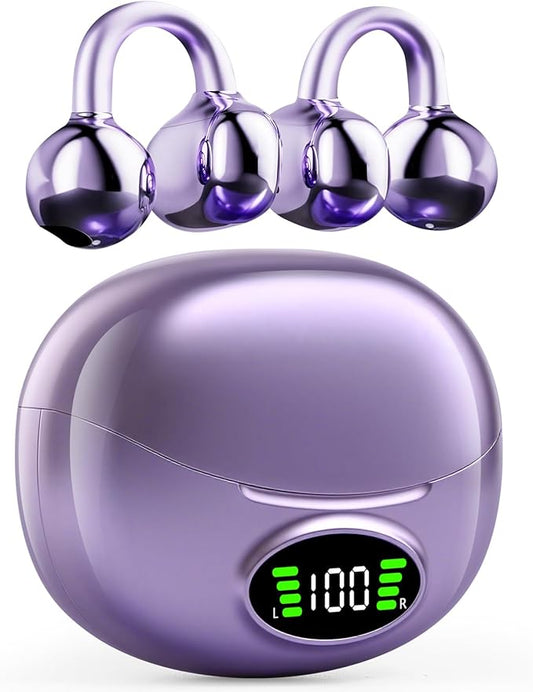 Clip on Headphones,Open Bluetooth 5.4 Earbuds with LED Digital Display Built-in Mic IPX7 Waterproof 50H Playback Sports Bone Conduction Earphones Suitable for Small Ears and Eyeglass Wearers (Purple)4