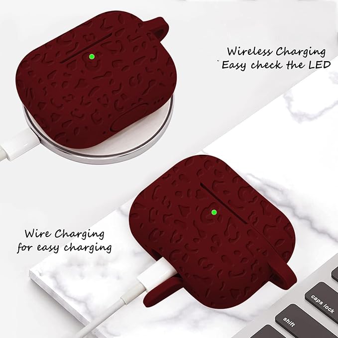 Case Compatible with AirPods Pro 3 Generation 2025 Cover with Keychain, Gawnock Engraved Leopard Skin Soft Cover for AirPods Pro 3 Case Full Protection,Front LED Visible, Wine Red