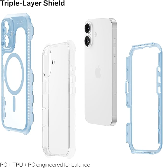 ORIbox Seralyn Series for iPhone 16 Case - MagSafe Compatible, Triple-Layer Shockproof Protection, Crystal-Clear Back with Elegant Matte Frame(6.1", Sky Mist)