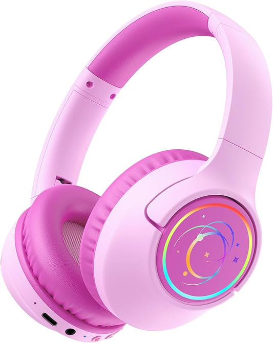 Kids Bluetooth Headphones, 85H Playtime Wireless Headphones for Kids, Colorful LED Lights, 85/94dB Safe Volume Limit, Bluetooth 5.4 Built-in Mic Toddler Headset for Tablet/Airplane (Fuscia Pink)