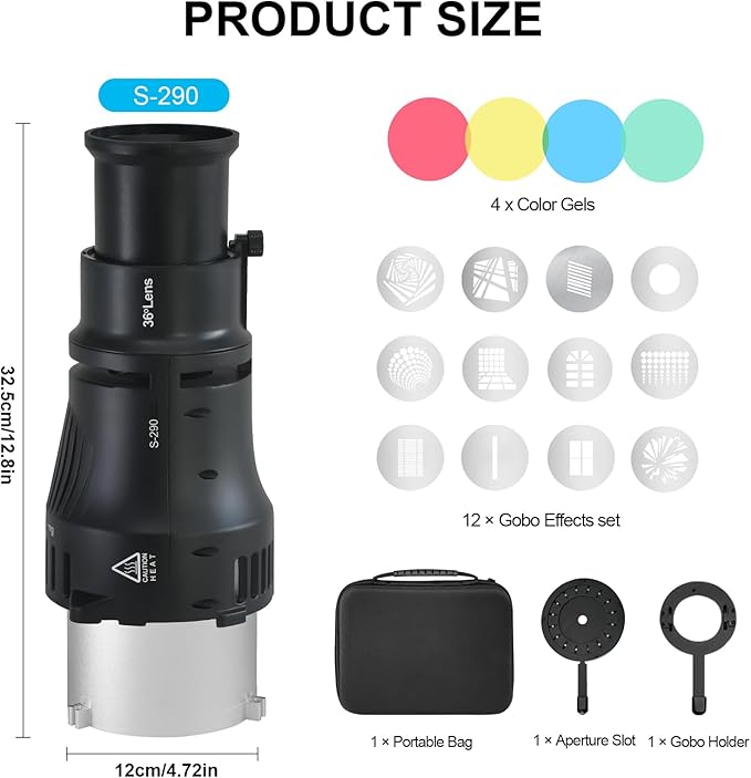WELLMAKING Bowens Mount Optical Snoot Conical S-290 Kit. Adjustable Focus, 36° Lens, Aperture Modifier, 4 Color Filters, and 12 Gobos; for Photography, LED and Strobe Light, Studio Video Artist