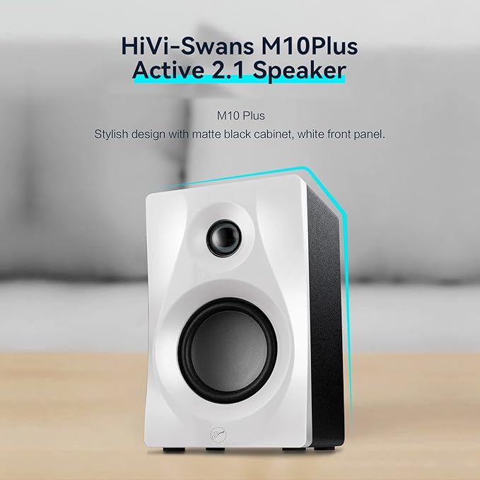 HiVi-Swans M10 Plus White Bookshelf Speaker, Bluetooth Powered Computer Speakers with Subwoofer 2.1 Home Speakers Stereo System – 60W RMS – AUX Audio