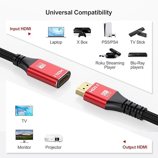 8K HDMI Extension Cable 6FT HDMI Extender 2.1, HDMI Male to Female Adapter Extension Cord 8K@60Hz, 4K@120Hz, 2K, 3D, HDR Compatible with Roku TV Stick, HDTV, PS5/PS4, Laptop, Monitor, Projector, PC