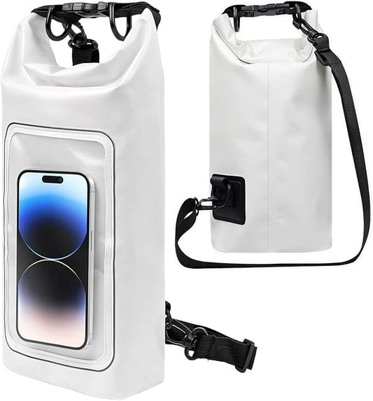 Waterproof Dry Bag 2L, IPX8 Roll Top Waterproof Belt Bag with Clear Phone Window, Phone Pouch Water Protector, Boat & Kayak Accessories, Essentials for Cruise Camp Swim Beach Fish Travel (White)