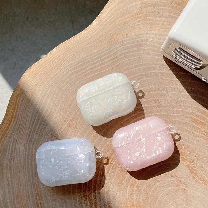 for Cute Glitter Airpods Pro 2nd/1st Generation Case with Cleaner Pen, Shell Pattern Airpods iPod Pro 2 Gen Cover Protective Skin Girl Women with Luxury Pearl Keychain 2023/2022/2019 - White