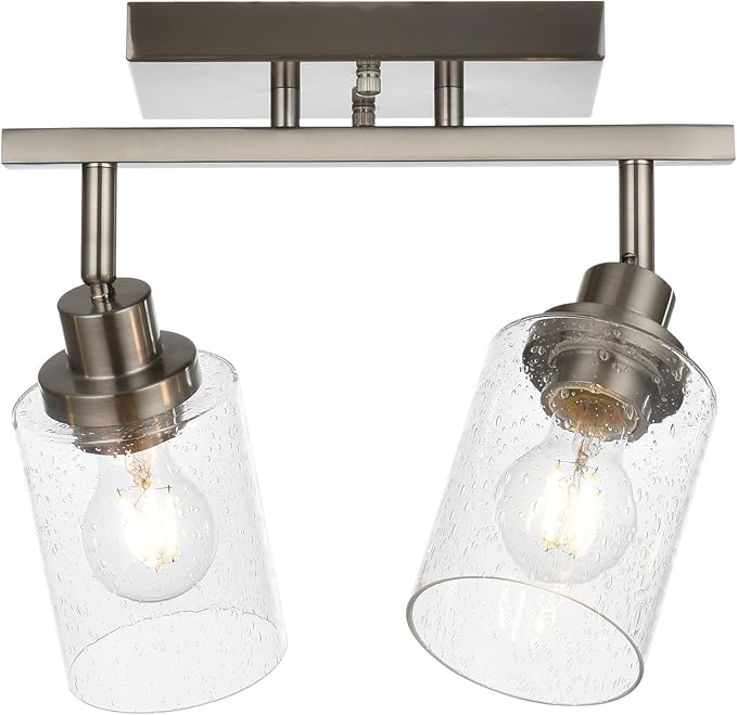 2-Light Brushed Nickel Kitchen Track Lighting Fixtures Ceiling Mount Track Lighting Kit with Bubble Seeded Glass Shade Modern Bathroom Tracking Vanity Lights Ceiling Tracking Accent Shop Light