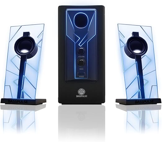 GOgroove BassPULSE 2.1 Computer Speakers with Blue LED Glow Lights and Powered Subwoofer - Gaming Speaker System for Music on Desktop, Laptop, PC with 40 Watts, Heavy Bass