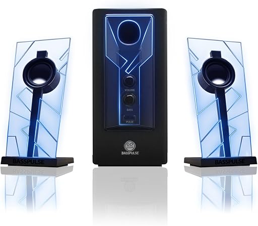 GOgroove BassPULSE 2.1 Computer Speakers with Blue LED Glow Lights and Powered Subwoofer - Gaming Speaker System for Music on Desktop, Laptop, PC with 40 Watts, Heavy Bass