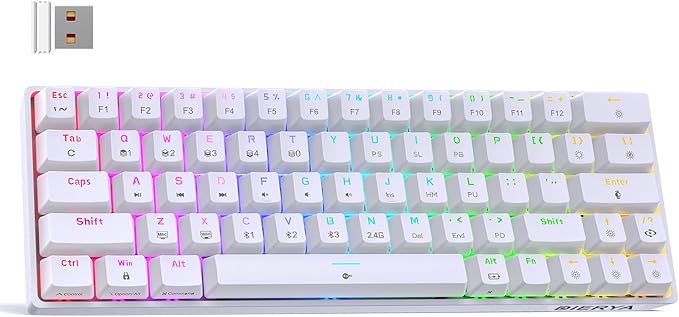 DIERYA DK63 60% Wireless Mechanical Gaming Keyboard | Bluetooth/2.4G/Wired | RGB Backlit Compact 63 Keys Mini Office Keyboard | with Red Switch | for Windows Laptop PC Gamer Typist-White