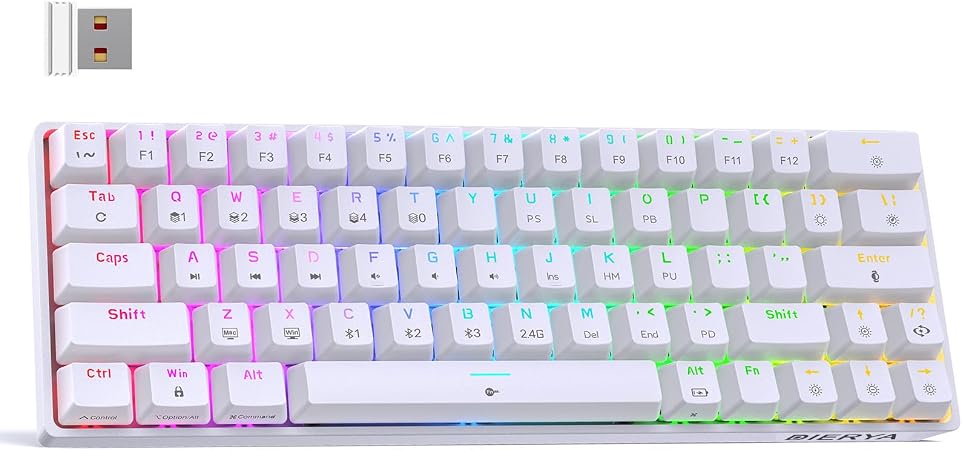 DIERYA DK63 60% Wireless Mechanical Gaming Keyboard | Bluetooth/2.4G/Wired | RGB Backlit Compact 63 Keys Mini Office Keyboard | with Red Switch | for Windows Laptop PC Gamer Typist-White
