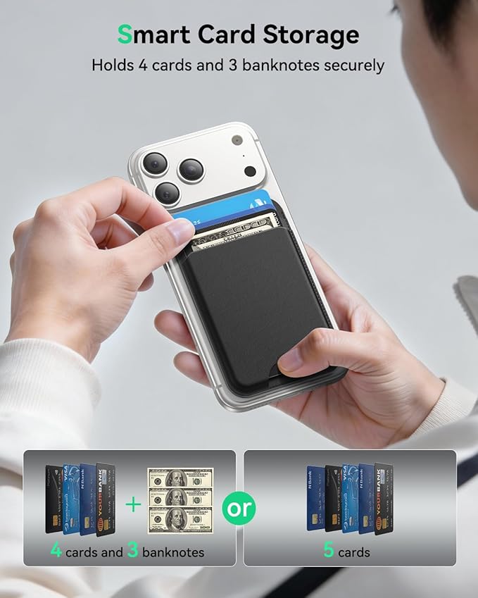 for MagSafe Wallet with Stand, 5 Card Holder, Slim Leather Magnetic Wallet for iPhone 17/16/15/14/13/12 Pro Max Plus Air Series, 3 Card Slots & 1 Cash Slot,Black