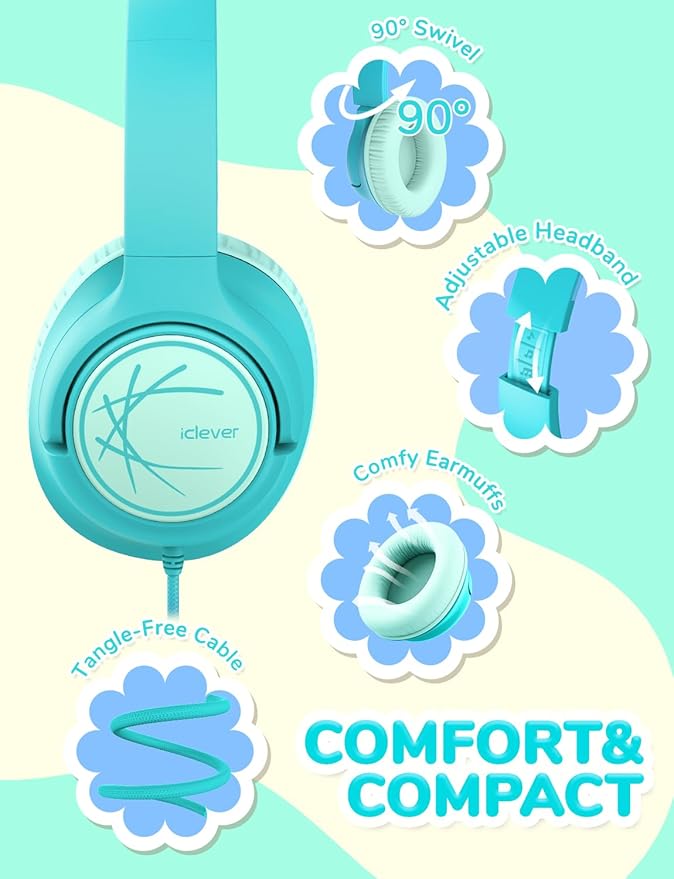 iClever Kids Headphones with Cord, 85dBA Safe Volume Wired Headphones for Kids, Stereo Sound Foldable Adjustable, 3.5mm Jack, Over Ear Child Headphone for School/Boys/Girls/iPad/Tablet/Travel, Green