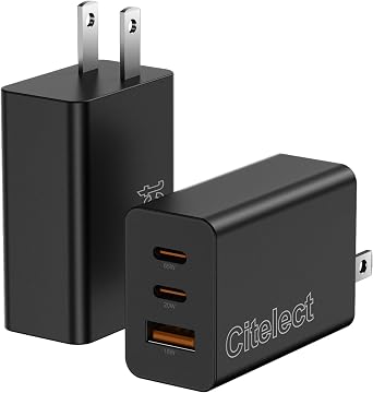 85W Dynamic Power GaN USB-C Fast Charger, 2C1A 3-Port, Max 65W, 2 Pack