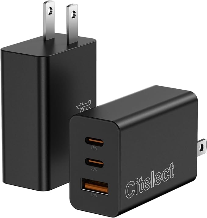 85W Dynamic Power GaN USB-C Fast Charger, 2C1A 3-Port, Max 65W, 2 Pack