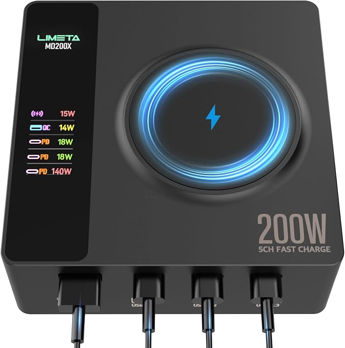 LIMETA MD200X 200W Desktop Charging Station, 5-in-1 Smart USB C Charger with 140W PD 3.1 and Wireless Charging Pad for Laptop, Tablet, Phone & Earbuds Home Ofiice - Image 8