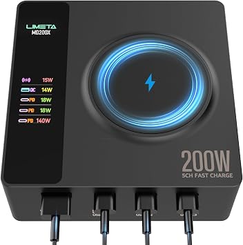 LIMETA MD200X 200W Desktop Charging Station, 5-in-1 Smart USB C Charger with 140W PD 3.1 and Wireless Charging Pad for Laptop, Tablet, Phone & Earbuds Home Ofiice - Image 2