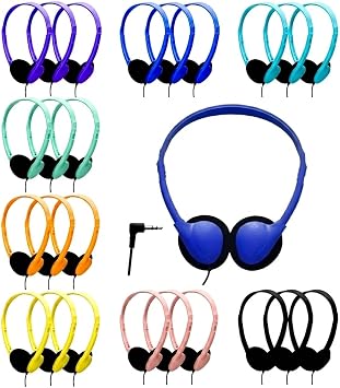 25 Pack Headphones Bulk Wired On-Ear for School Classroom, Multiple Colors, Adjustable Headband, 3.5mm Jack, Individually Sealed for Classroom Library Airplane Meeting