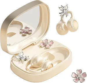 Open Ear Wireless Earbuds for Women with Makeup Mirror Charging Case, Clip-on Bluetooth 6.0 Headphones with Spatial Audio, Includes Flower & Butterfly Earrings, Long Battery Life