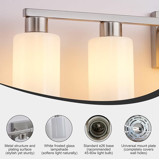 6-Light Bathroom Vanity Light, Brushed Nickel Fixture with Milky White Frosted Glass Shades, Large Over-Mirror Lighting for Bathroom, Modern Vanity Lights