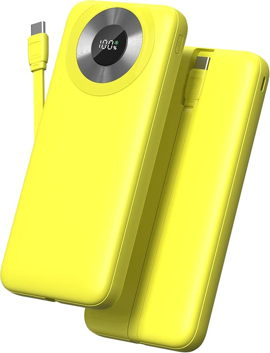 Power Bank 10000mAh Portable Charger with Built-in Cable 4 Output 2 Input LED Display Slim for iPhone and Android Yellow