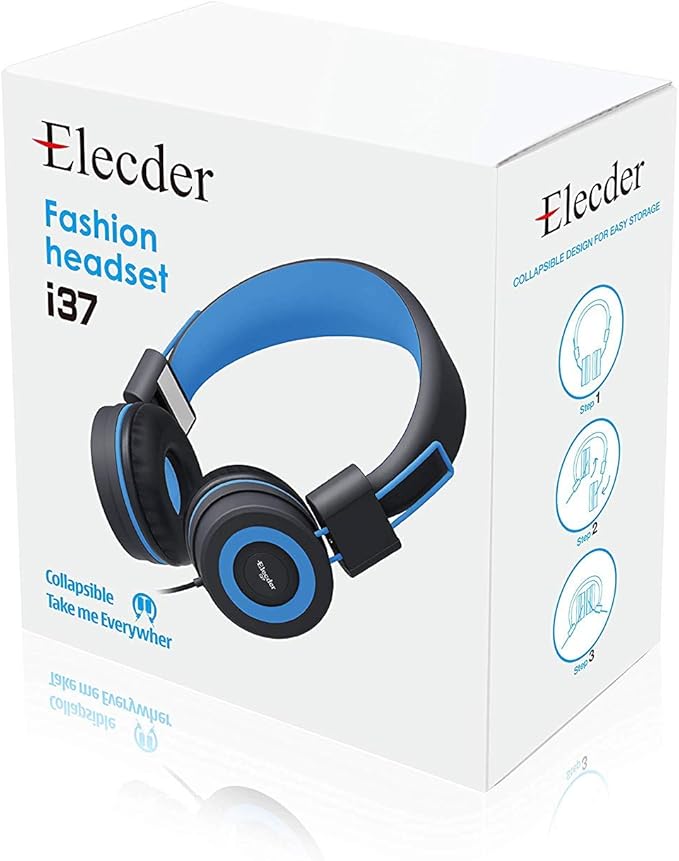 ELECDER i37 Kids Headphones Children Girls Boys Teens Foldable Adjustable On Ear Headphones 3.5mm Jack Compatible Cellphones Computer MP3/4 Kindle School Tablet Black/Blue