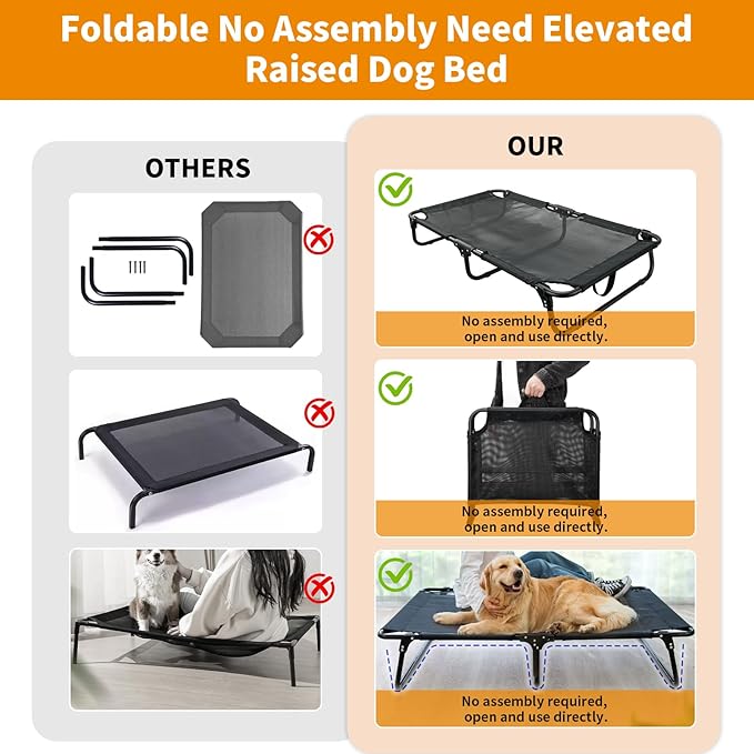 Foldable Elevated Dog Cot, No Assembly Need, Waterproof Folding Raised Dog Bed, Outdoor Dogs Cot Cooling Pet Hammock Bed with Breathable Mesh for Small Medium Size Dogs, Chew-Proof, Black