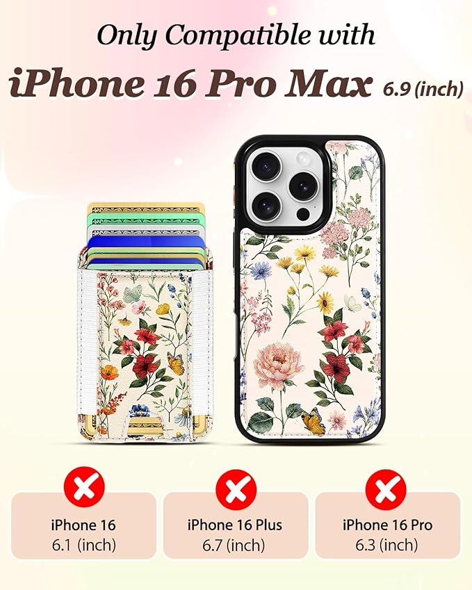 Shorogyt for iPhone 16 Pro Max Case Wallet - Fits 5 Cards, Compatible with Magsafe Detachable Magnetic Credit Card Holder Leather Cardholder Cute Phone Cover Women Girls for Apple 16 ProMax, Floral