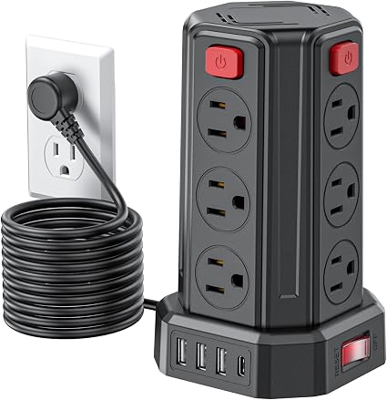 Power Strip 10 Ft Extension Cord with 12 AC Multiple Outlets 4 USB (1 USB C), SMALLRT Power Strip Tower Desktop Charging Station for Home Office College Dorm Essentials